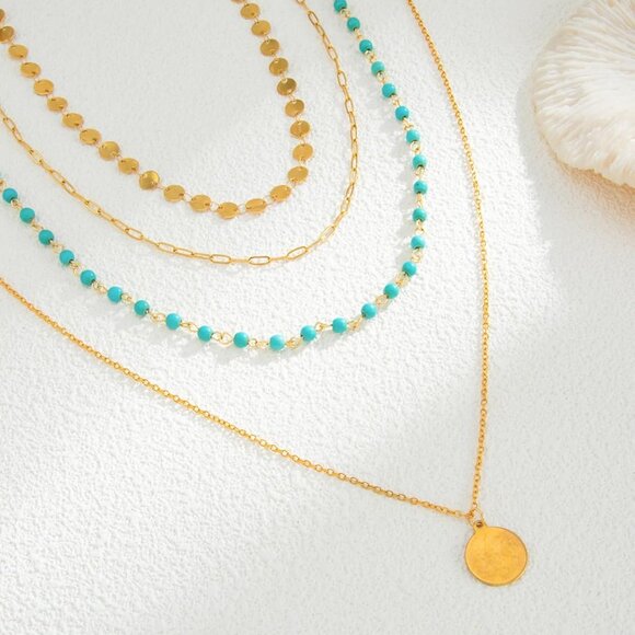 Boho Layered Gold Necklaces for Women with Western Turquoise Pendant Charm - Picture 6 of 7